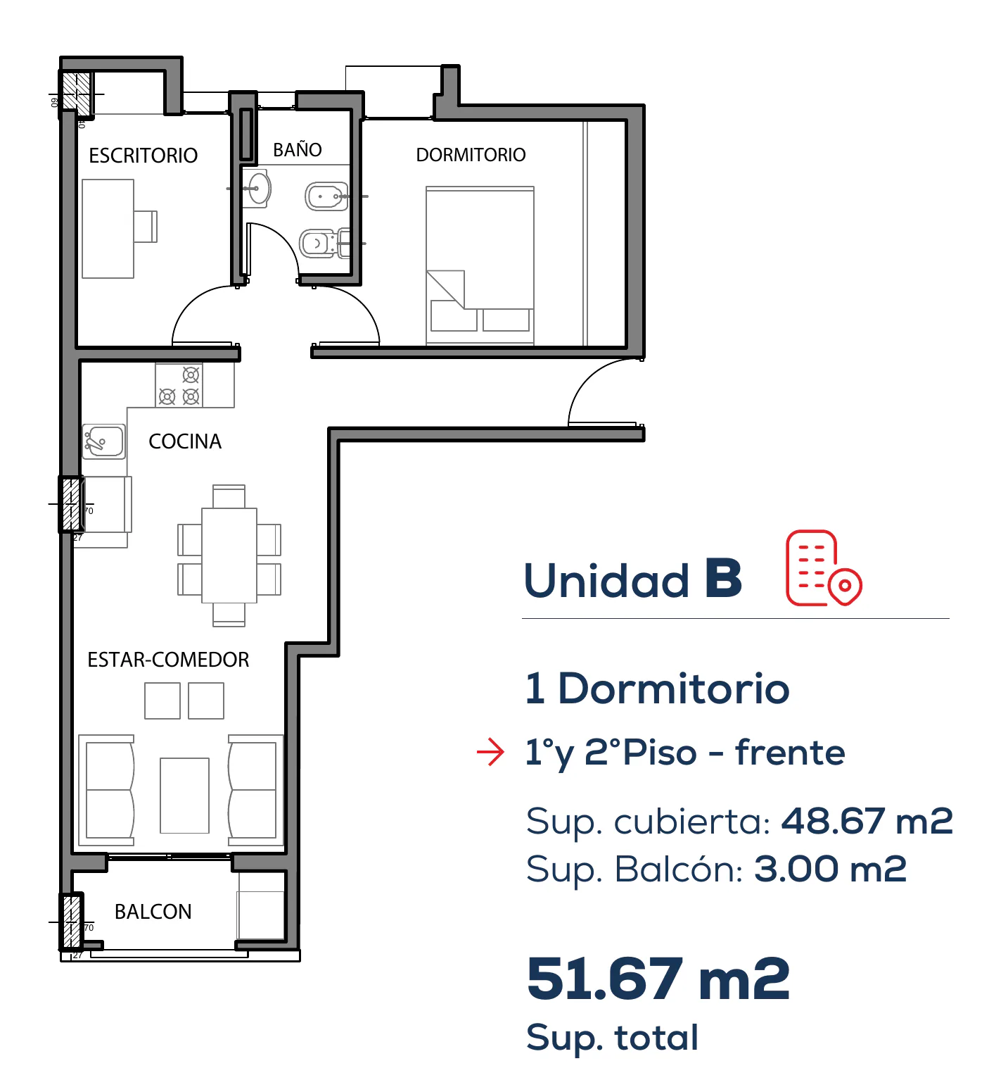 Planta de la unidad B: escritorio, baño, dormitorio, cocina, estar-comedor y balcón