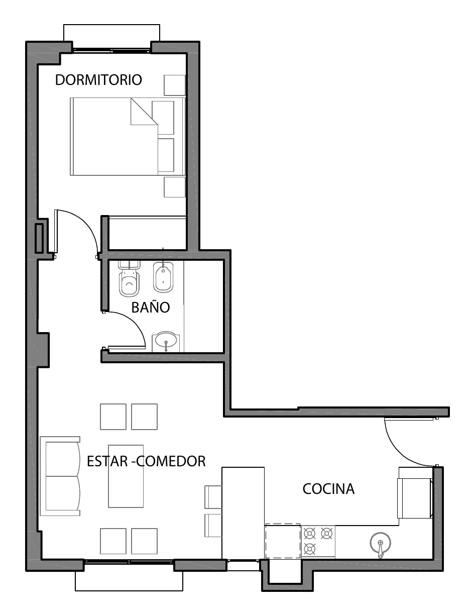 Planta de la unidad C: dormitorio, baño, estar-comedor y cocina, sin balcón