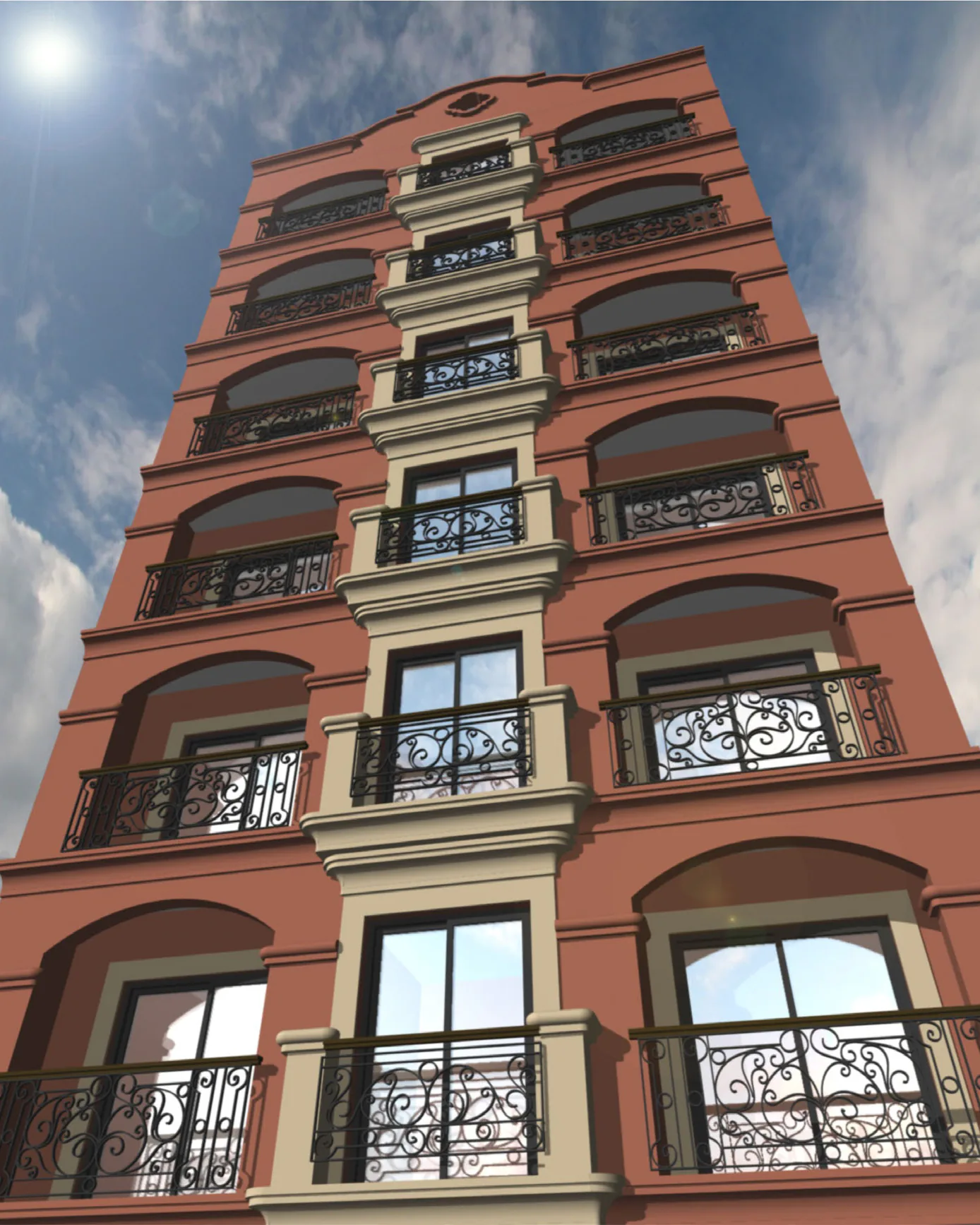 Render de la fachada de 25 de Mayo 743 vista desde abajo: frente color terracota con ventanas en arco, balcones de hierro forjado y molduras claras, con el sol arriba a la izquierda