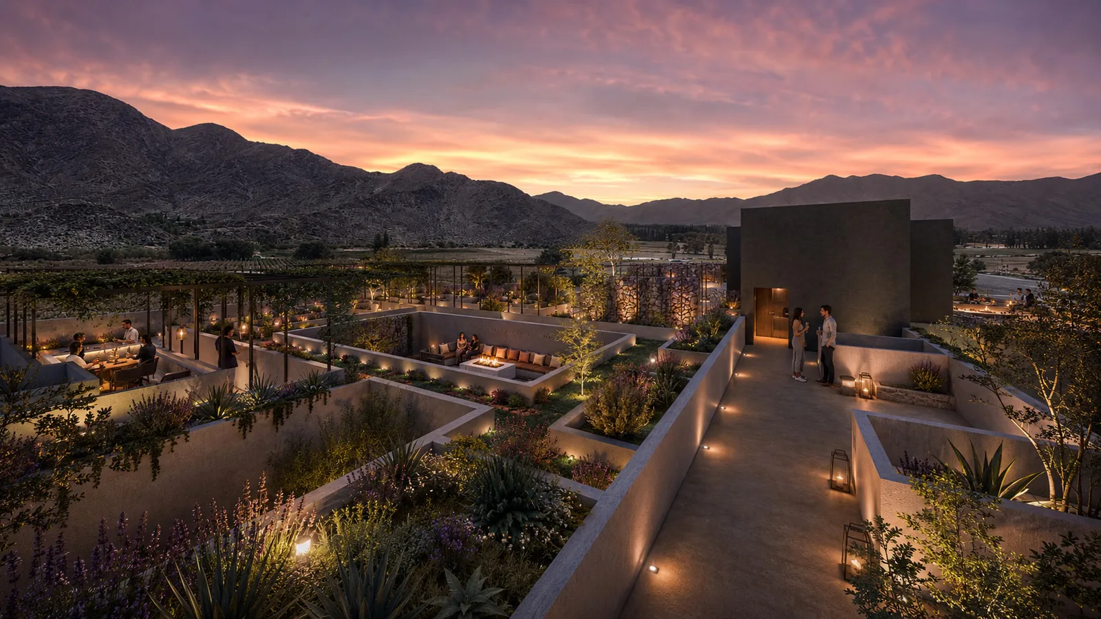 Render de la terraza al anochecer. Tiene un jardín andino en canteros de hormigón, un fogonero rodeado de sillones hundidos, una mesa bajo una pérgola a la izquierda y un pasillo con luces bajas. Detrás, cerros bajo un cielo rosado.