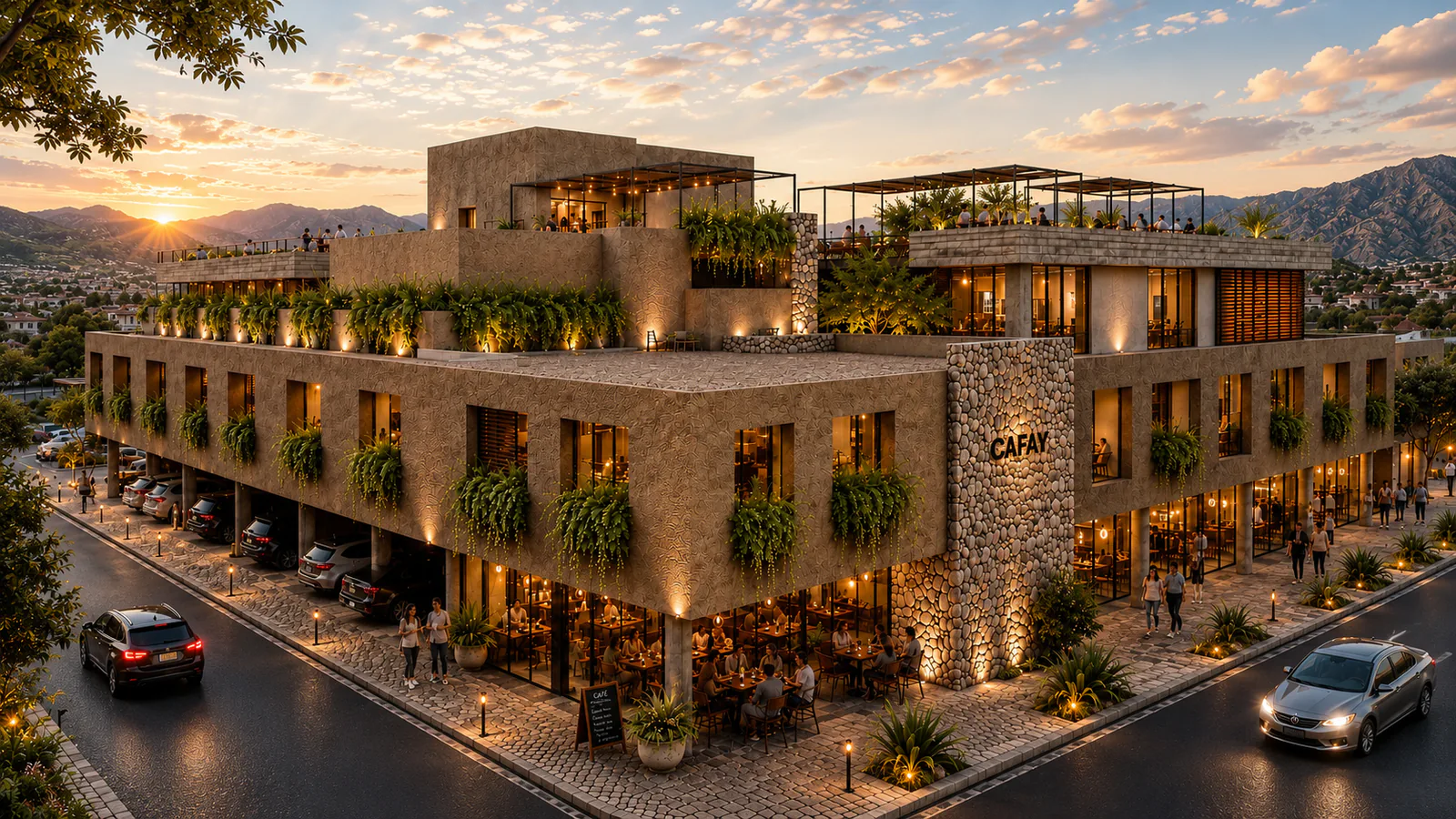 Render aéreo de Cafay al atardecer. Es un edificio de piedra en esquina, con plantas colgantes, locales y un café iluminados en la planta baja y terrazas con pérgolas arriba. Una columna de piedra lleva el nombre CAFAY. Al fondo, el pueblo y los cerros con el sol poniéndose.