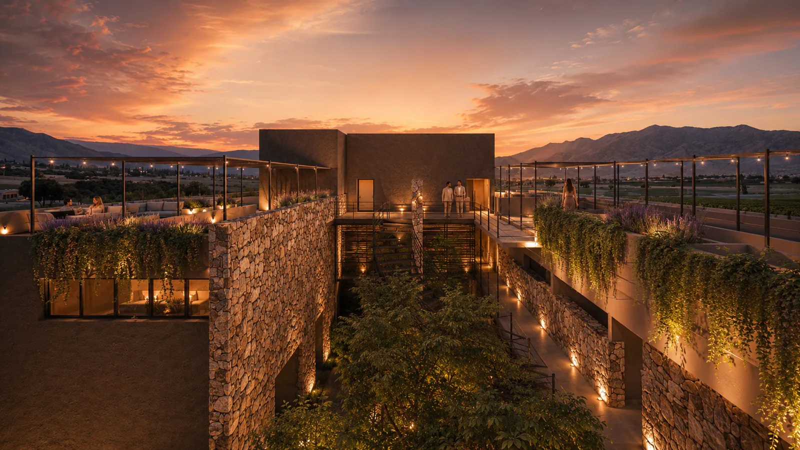 Render del patio central visto desde la terraza al anochecer. Se ven muros de piedra, una escalera metálica, árboles en el patio, pérgolas con guirnaldas de luces a los dos lados y cerros al fondo.