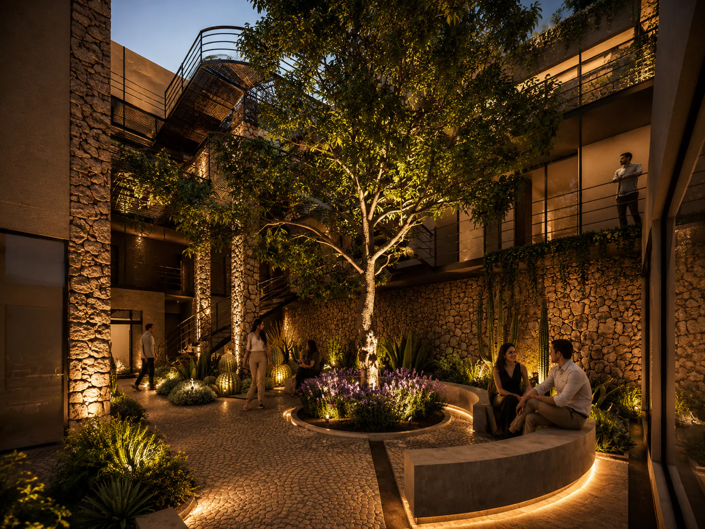 Render del patio interno de noche. En el centro hay un árbol iluminado sobre un cantero de lavandas y al lado un banco curvo de hormigón. Alrededor, muros de piedra, escaleras metálicas y los balcones de los departamentos.