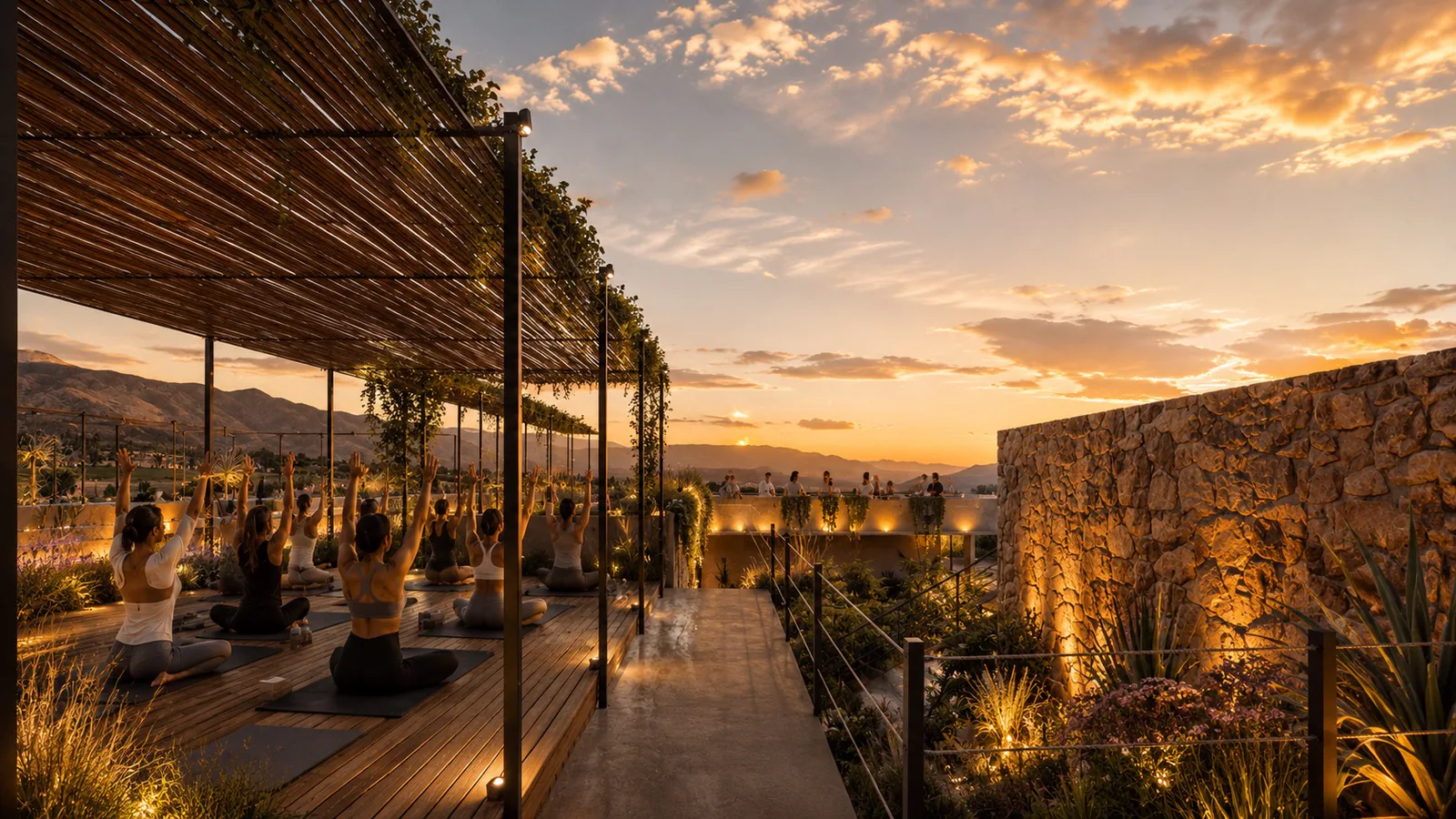 Clase de yoga en la terraza de Cafay, bajo una pérgola de caña, con un muro de piedra y los cerros al fondo