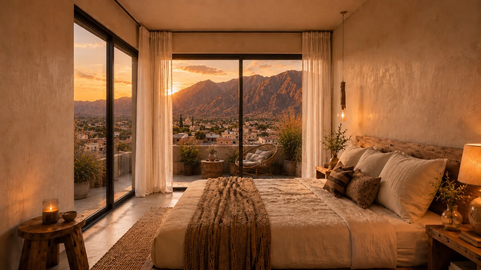 Render de un dormitorio al atardecer. Tiene una cama con manta tejida y cortinas livianas. Por los ventanales se ve un balcón con un sillón de mimbre y, afuera, el pueblo y los cerros.