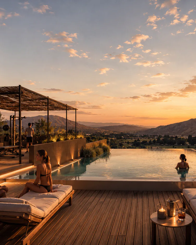Render de la terraza de Cafay al atardecer. Sobre un deck de madera hay reposeras y una pileta desbordante con una persona en el agua; a la izquierda, un olivo y una pareja sentada, y al fondo, una pérgola de caña y el sol que se pone detrás de los cerros.