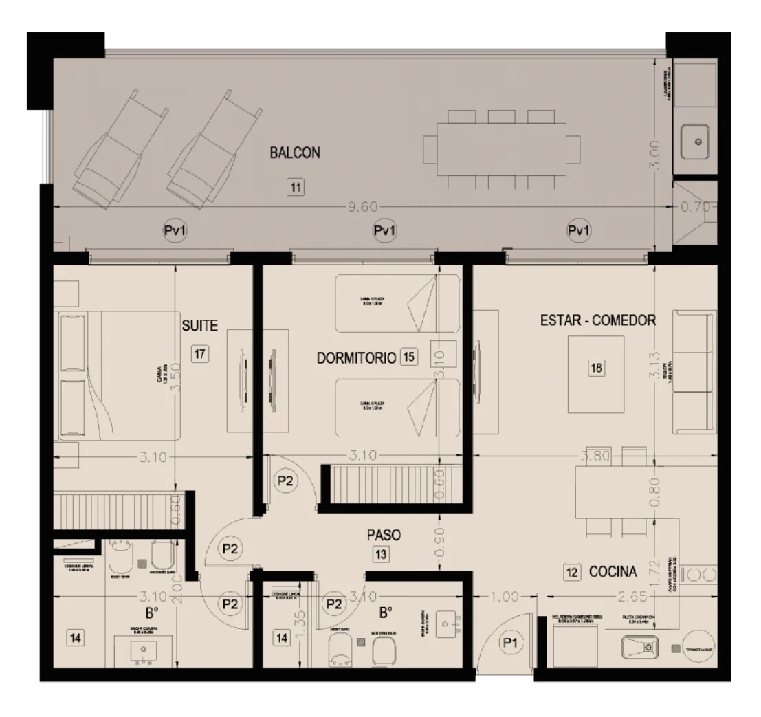 Planta de la tipología 2: balcón corrido con reposeras y mesa, suite, dormitorio con dos camas, estar-comedor, paso, cocina y dos baños