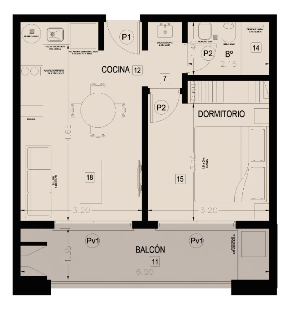 Planta de la tipología 4: cocina con mesa redonda abierta al estar, dormitorio, baño y balcón