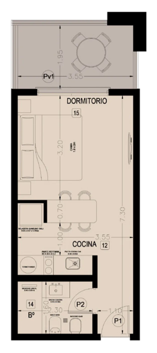 Planta del monoambiente: un solo ambiente con el dormitorio y la cocina-comedor, baño y balcón con mesa redonda