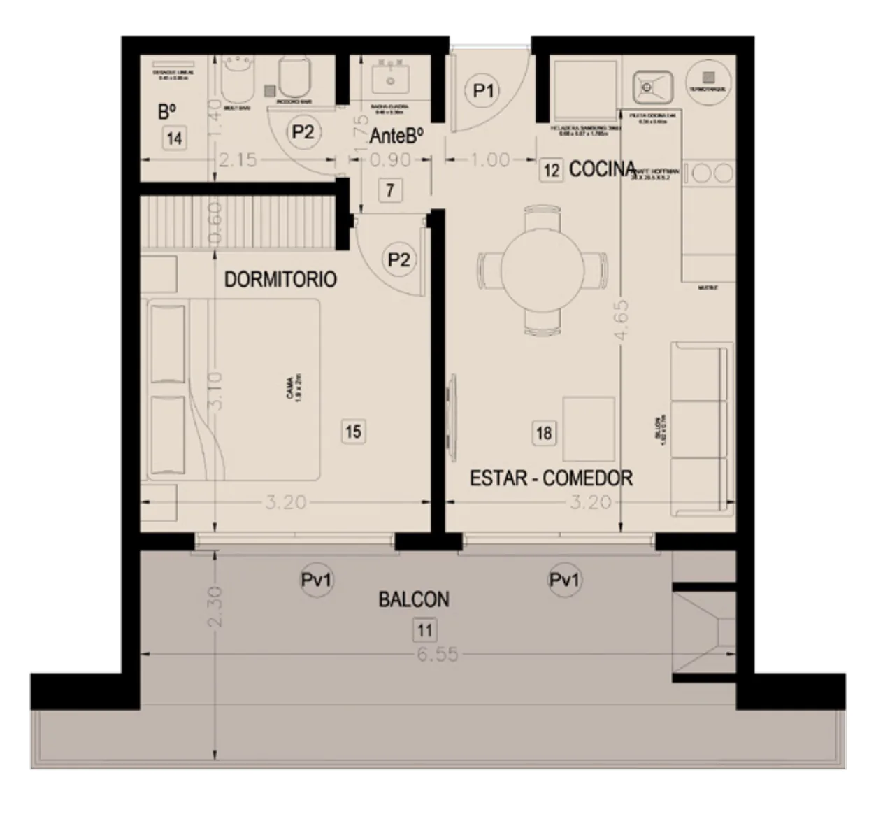 Planta de la tipología 6: baño con antebaño, cocina, dormitorio, estar-comedor y balcón