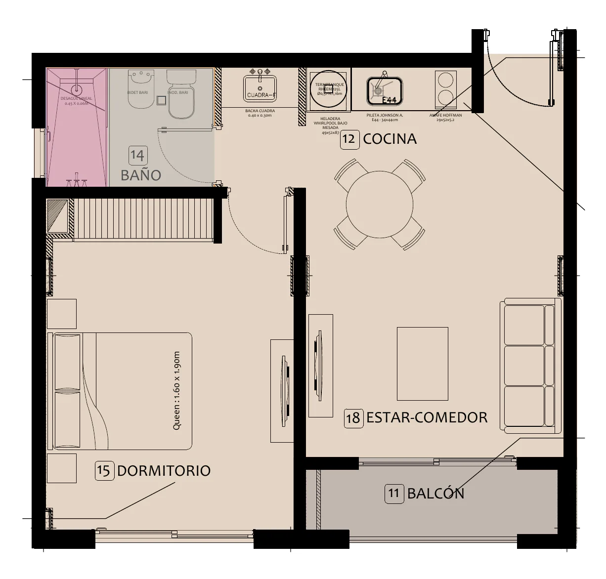 Planta de la tipología 8: baño, cocina con mesa redonda, dormitorio, estar-comedor y balcón
