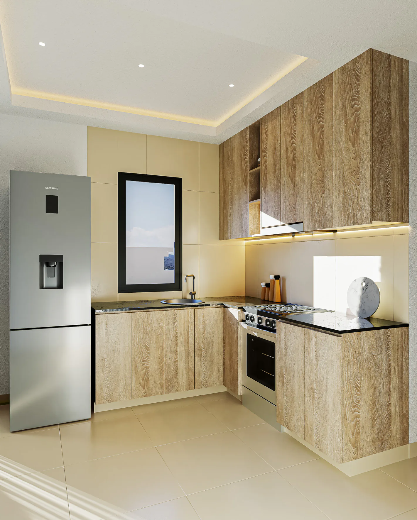 Cocina en L con muebles de madera clara, mesada oscura, cocina con horno y heladera de acero