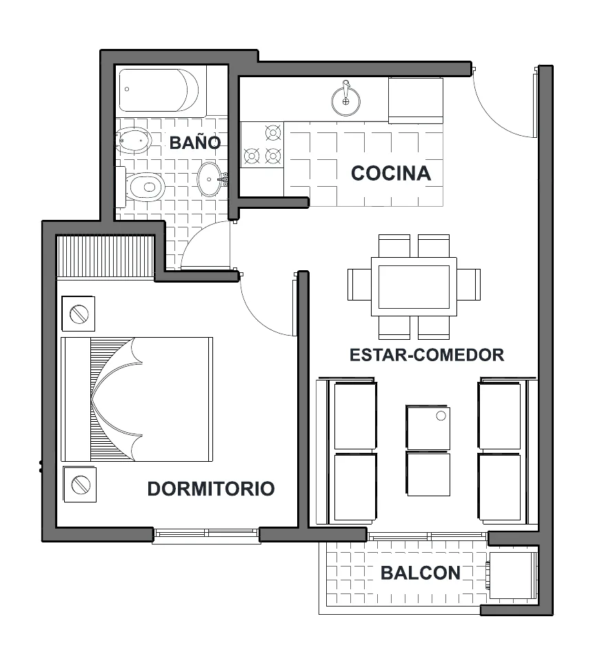 Planta del departamento A de un dormitorio al frente, en el 1° piso, con balcón