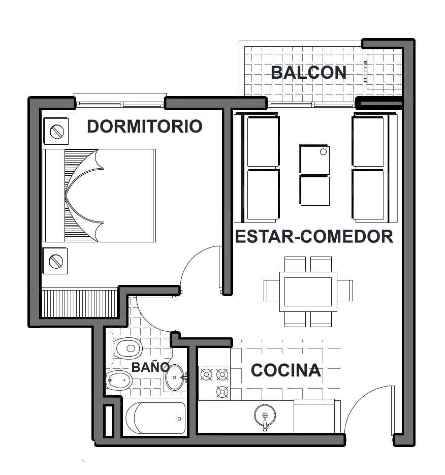 Planta del departamento D de un dormitorio al contrafrente, en el 8° piso, con balcón