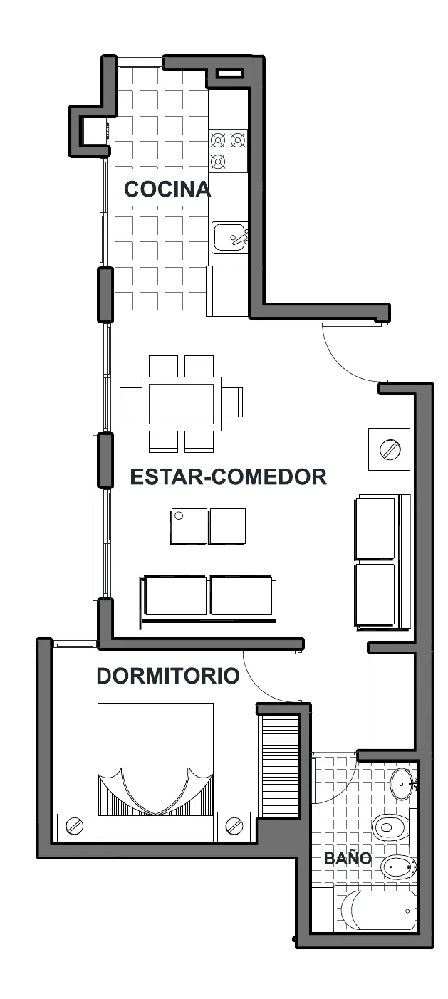 Planta del departamento E de un dormitorio, en el centro del edificio, sin balcón