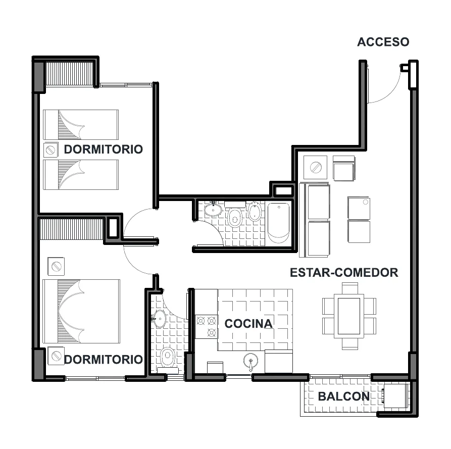 Planta del departamento A de dos dormitorios al frente, en el 8° piso, con balcón