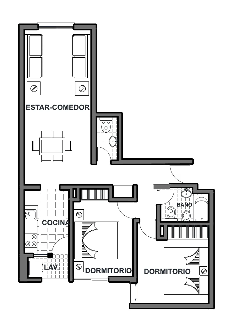 Planta del departamento C de dos dormitorios al contrafrente, del 1° al 8° piso, con balcón