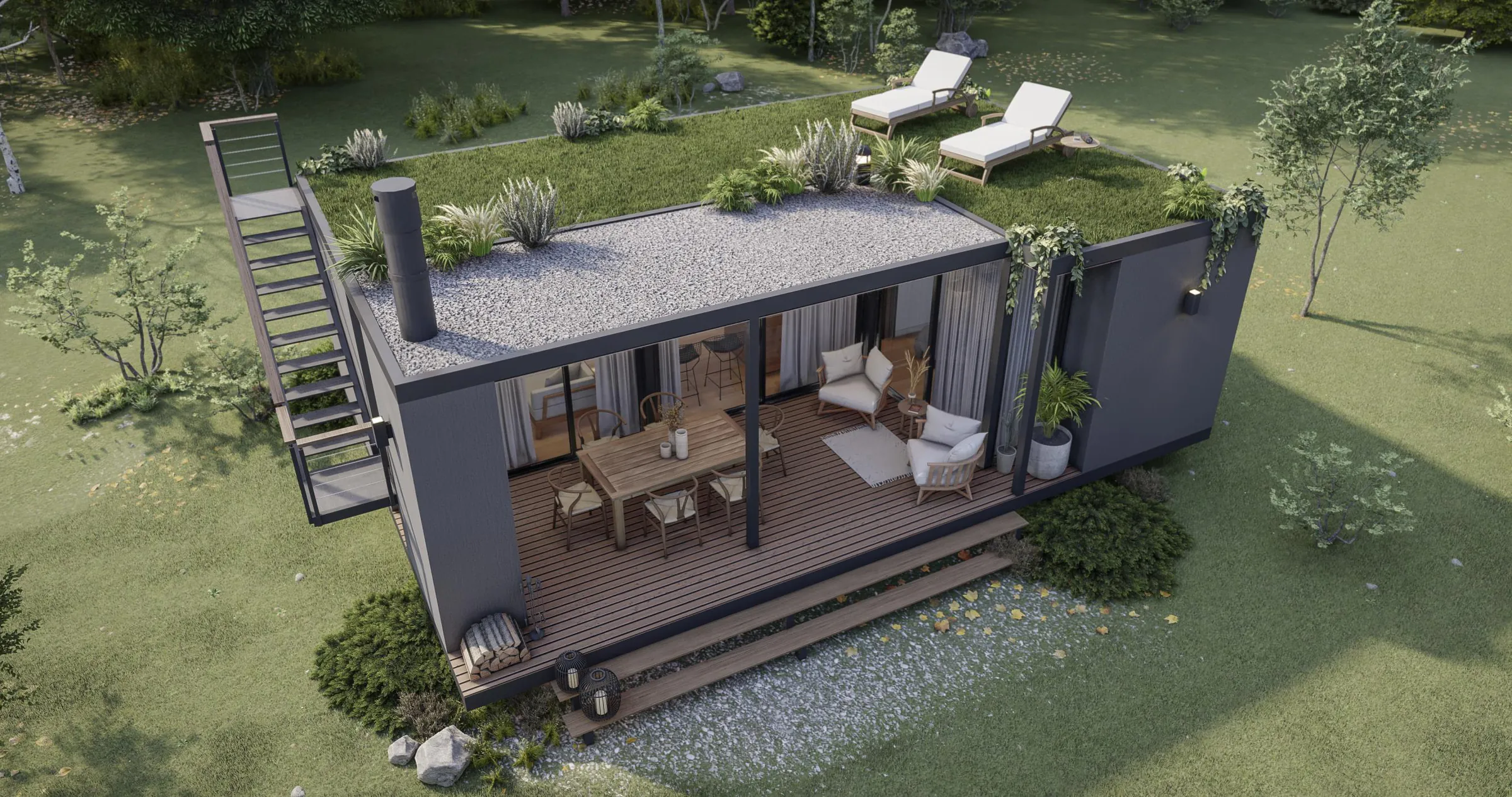 Render aéreo de la tipología T3: módulo gris oscuro con galería de deck, mesa de comedor y sillones, techo de grava y pasto con dos reposeras y una escalera metálica lateral que sube a la terraza.