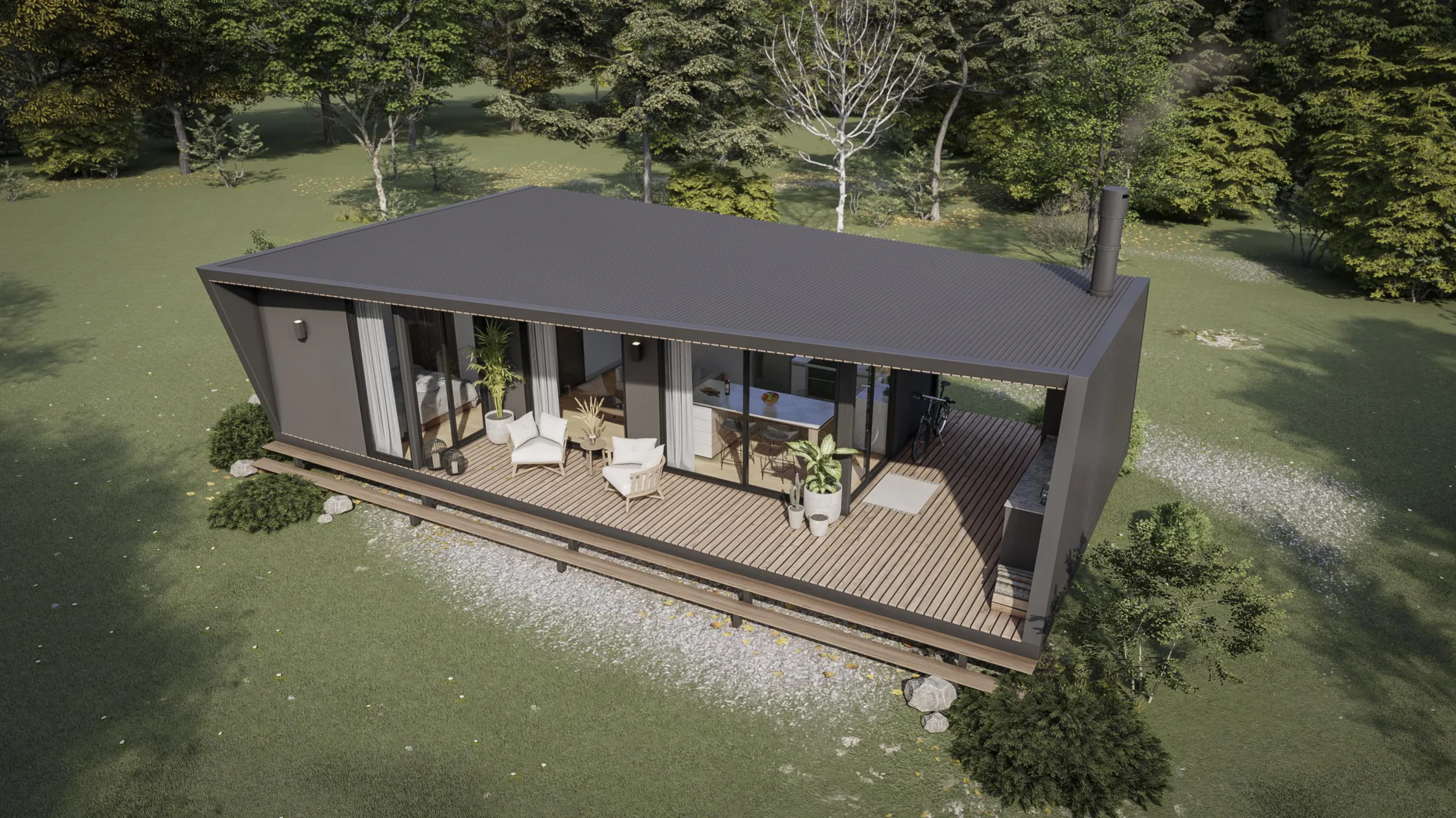 Render aéreo de la tipología R1: casa de una planta con techo de chapa oscura, muros laterales inclinados, ventanales con cortinas y un deck de madera a lo largo del frente con sillones, plantas y una bicicleta.