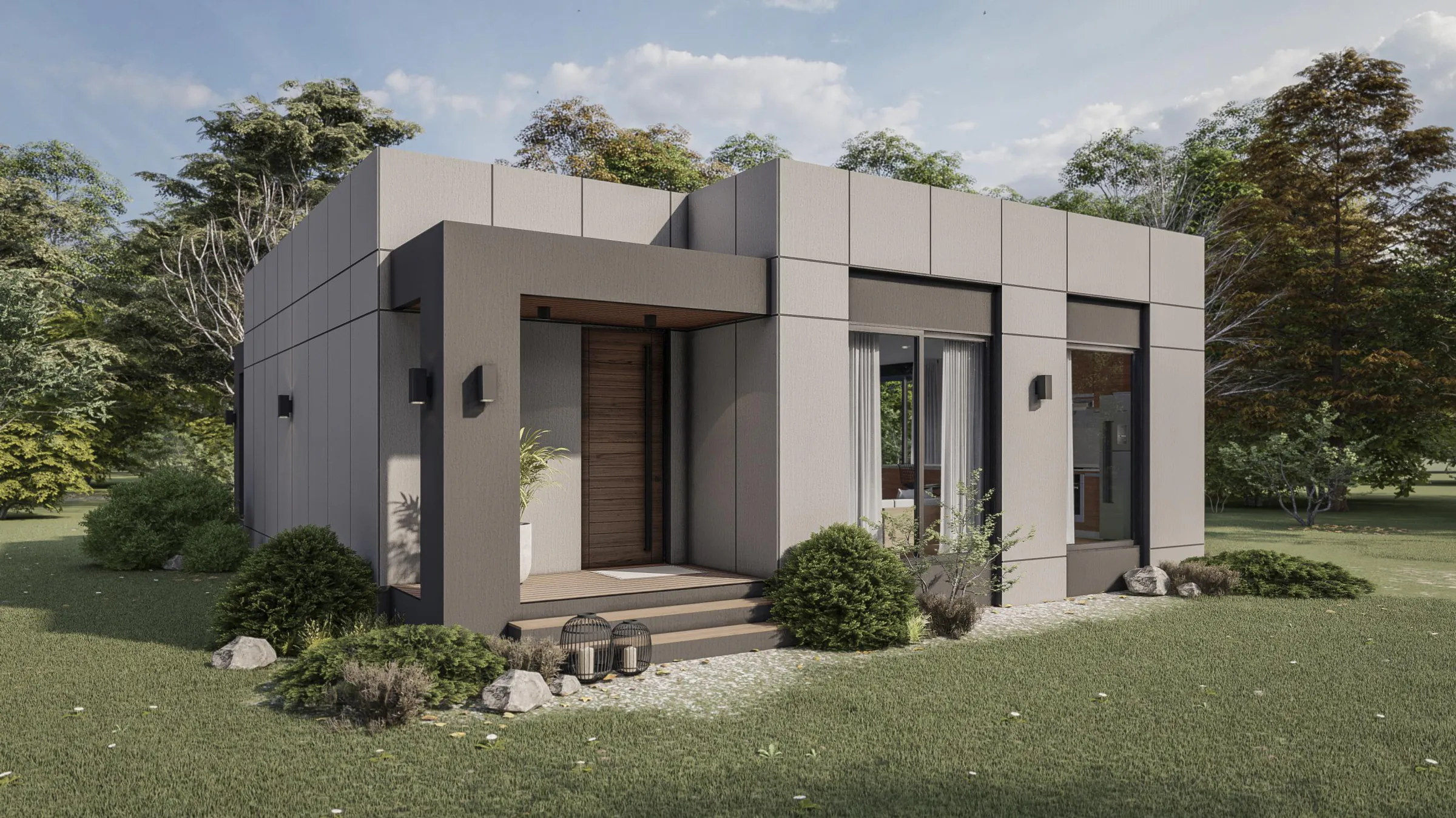 Render de la tipología C1 en vista oblicua: casa de una planta revestida en placas gris claro, entrada con puerta de madera bajo un pórtico gris con cielorraso de madera y ventanales con cortinas, sobre pasto.