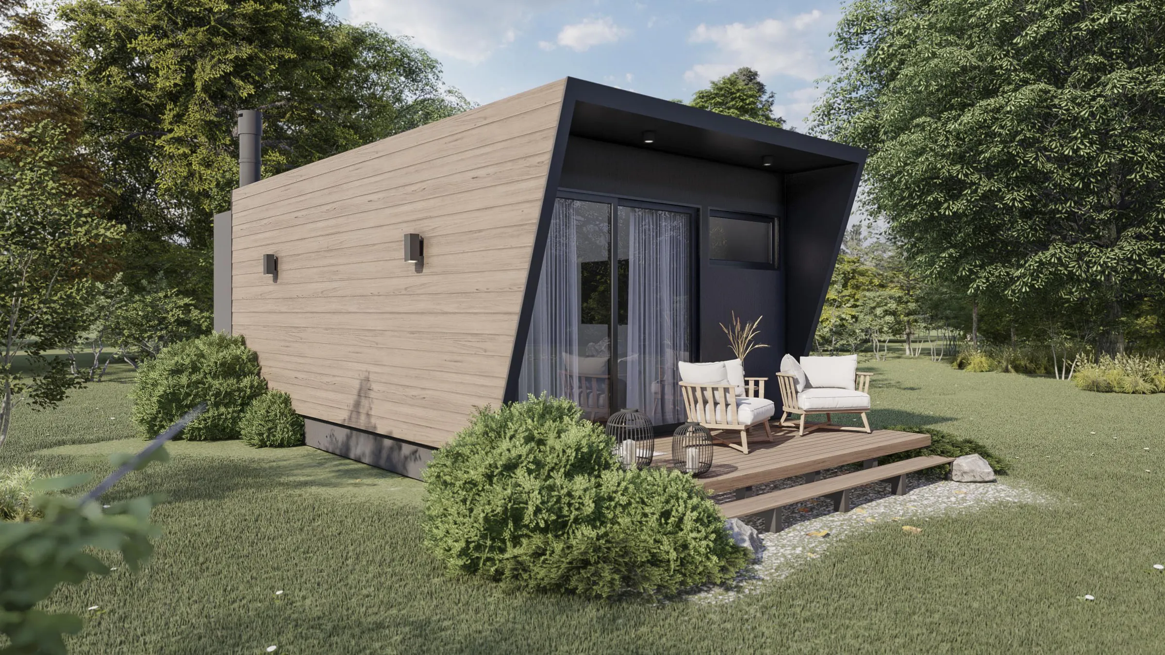 Render de la tipología S2 a la altura de los ojos: módulo compacto con el lateral revestido en símil madera, frente vidriado enmarcado en negro con cortinas y un deck chico con dos sillones y faroles.