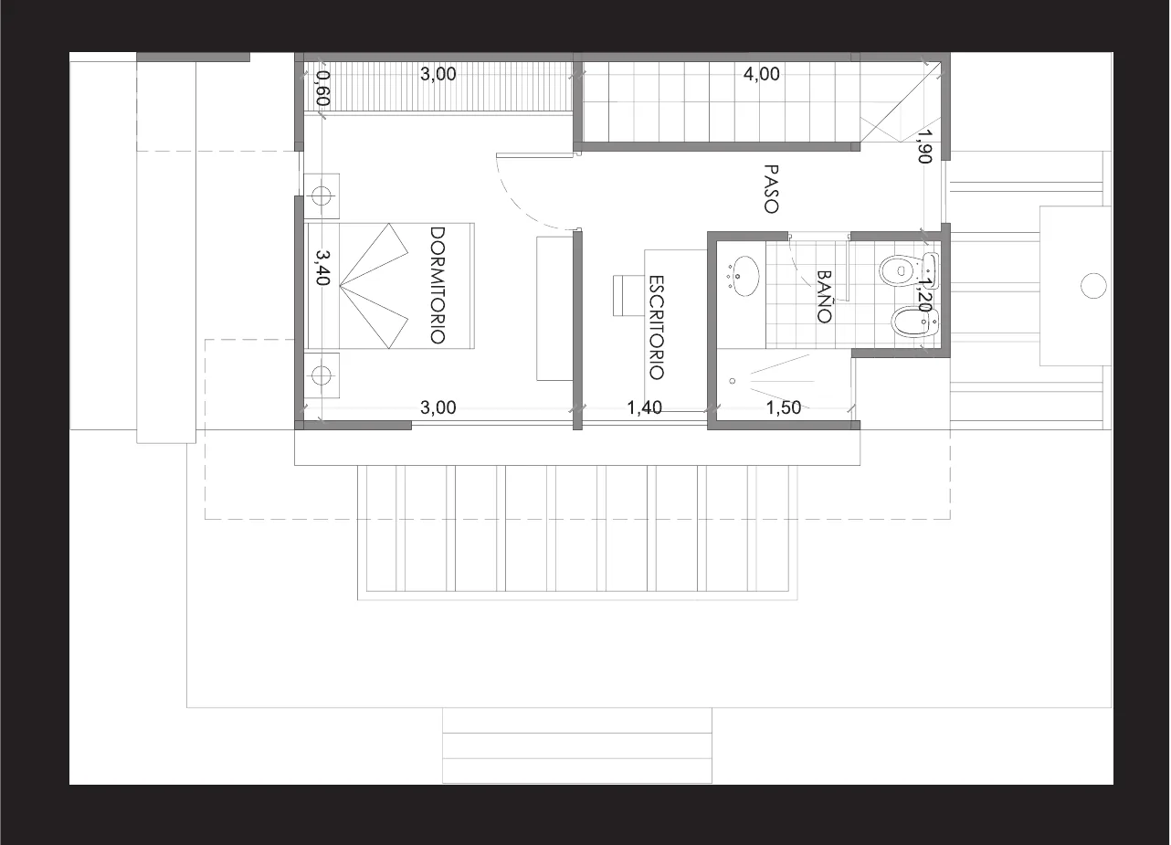 Planta alta de la tipología D: dormitorio, escritorio, baño y paso con la escalera.