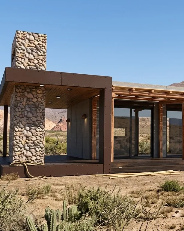 Render de una casa Ele Haus de una planta en un paisaje de valle: un volumen largo con el frente vidriado bajo una galería de vigas de madera, una chimenea de piedra en un extremo y un bloque gris en el otro. Alrededor hay arbustos secos y cardones, y al fondo, cerros rojizos bajo el cielo despejado.