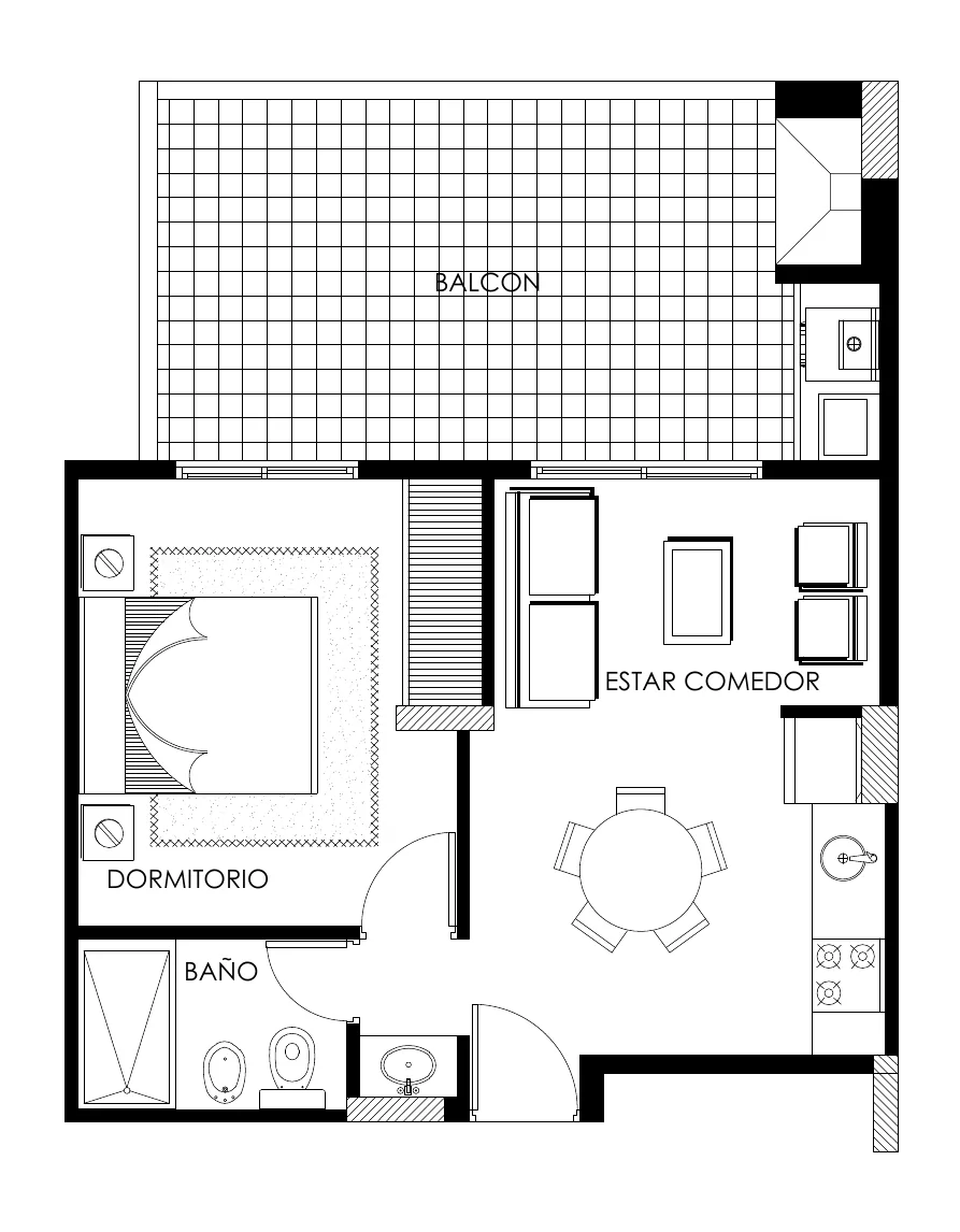 Planta del departamento H de un dormitorio al contrafrente, en el 4° piso: estar comedor, baño, dormitorio y un balcón grande