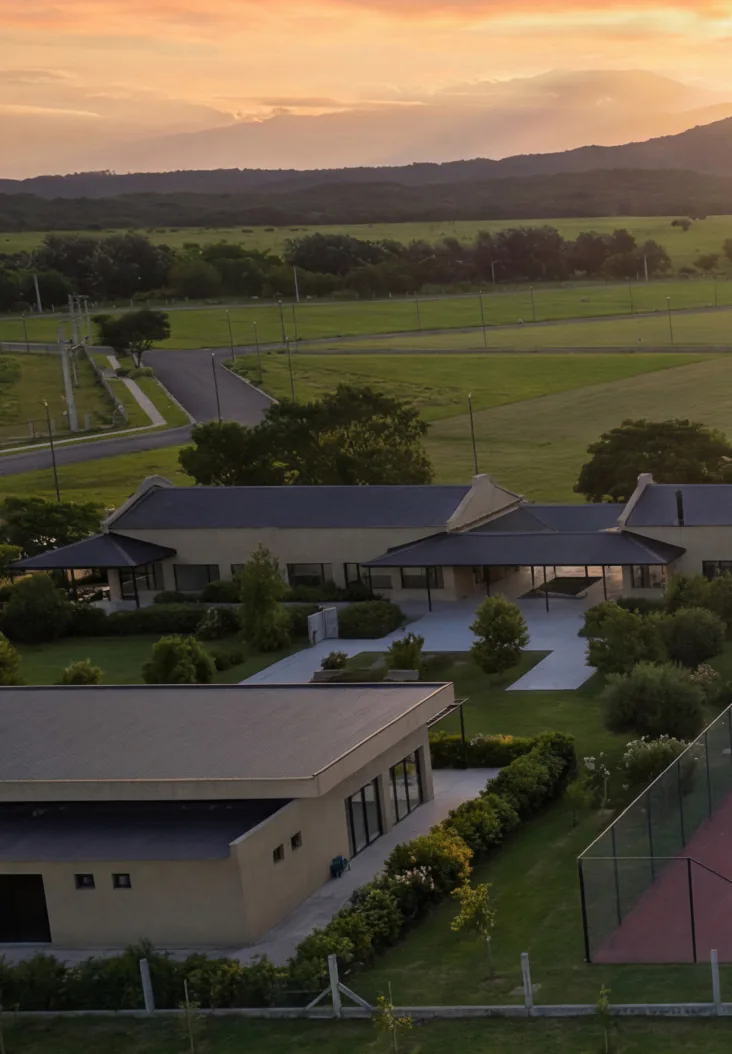 Foto aérea del sector del club al atardecer: un edificio largo de muros claros con techos oscuros y galerías, otro edificio adelante, el borde de una cancha de tenis, calles con luminarias y los cerros al fondo.