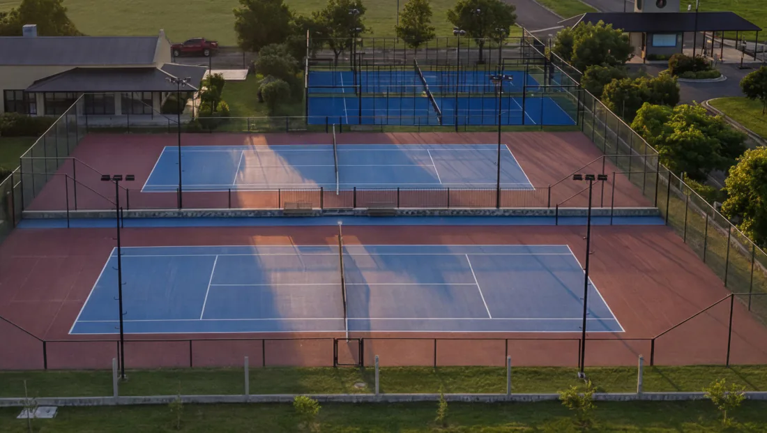 Foto aérea de dos canchas de tenis azules con borde rojo y torres de luz; detrás, dos canchas de pádel, parte de un edificio del club y un pabellón de techo oscuro, y a la derecha una calle arbolada.