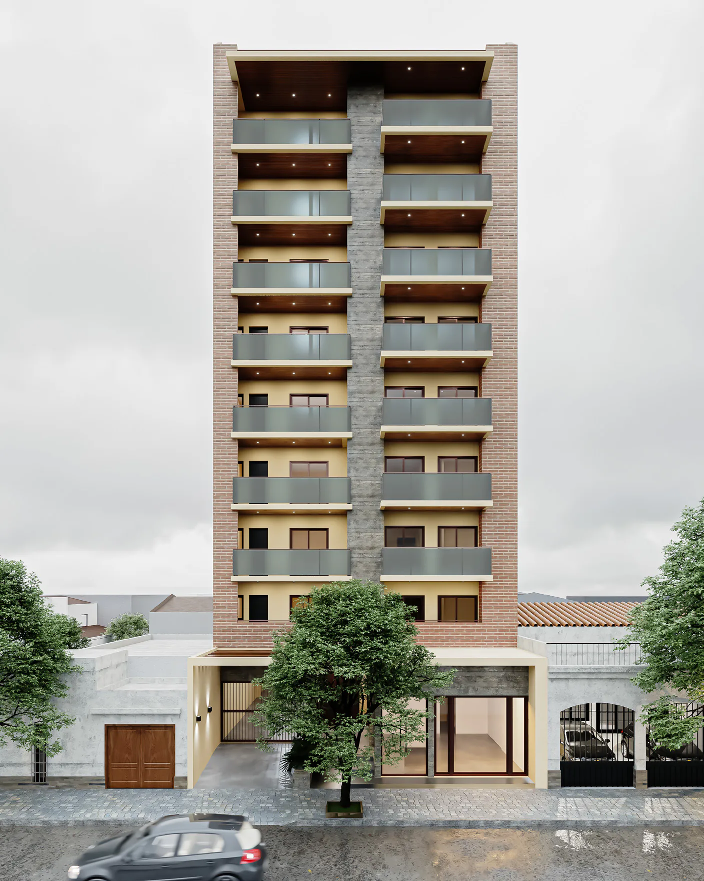 Fachada de P788 de frente: balcones con barandas de vidrio a los dos lados de una franja central revestida en piedra, laterales de ladrillo, planta baja vidriada con un portón de madera y un árbol en la vereda, bajo un cielo gris