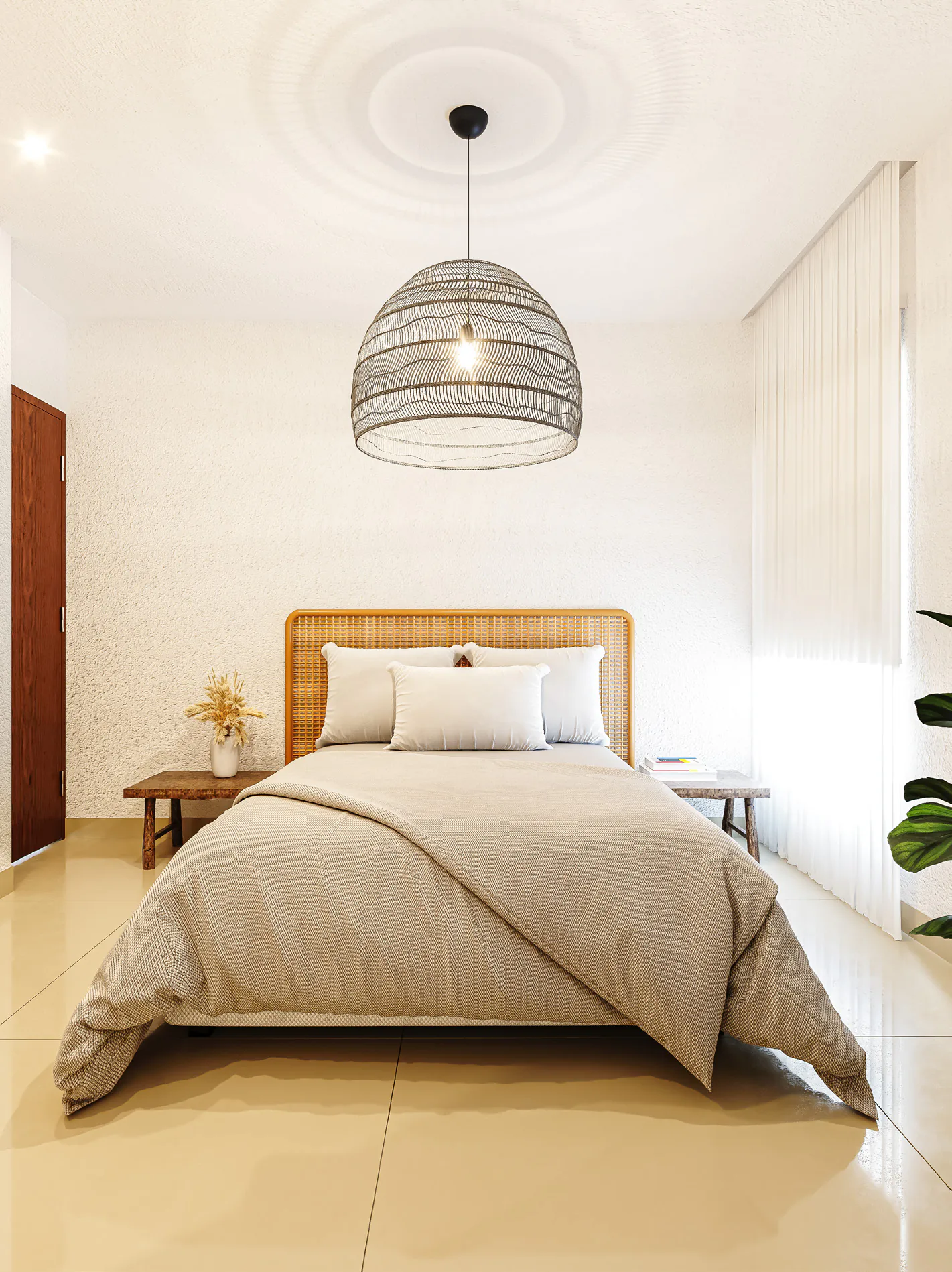 Dormitorio con cama de respaldo de esterilla, lámpara colgante de fibra, mesa de luz de madera y cortinas blancas
