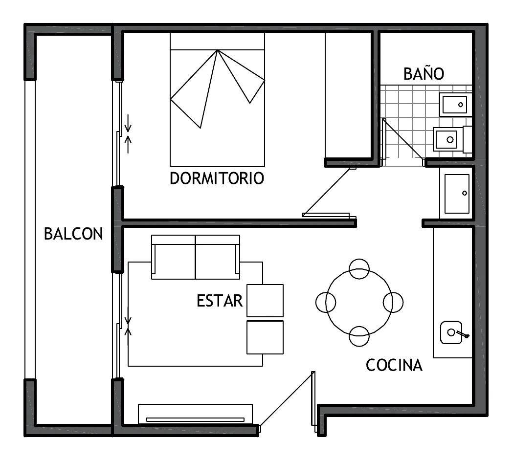 Planta de la unidad C: estar con cocina y mesa redonda, dormitorio y baño, con un balcón a lo largo de un costado