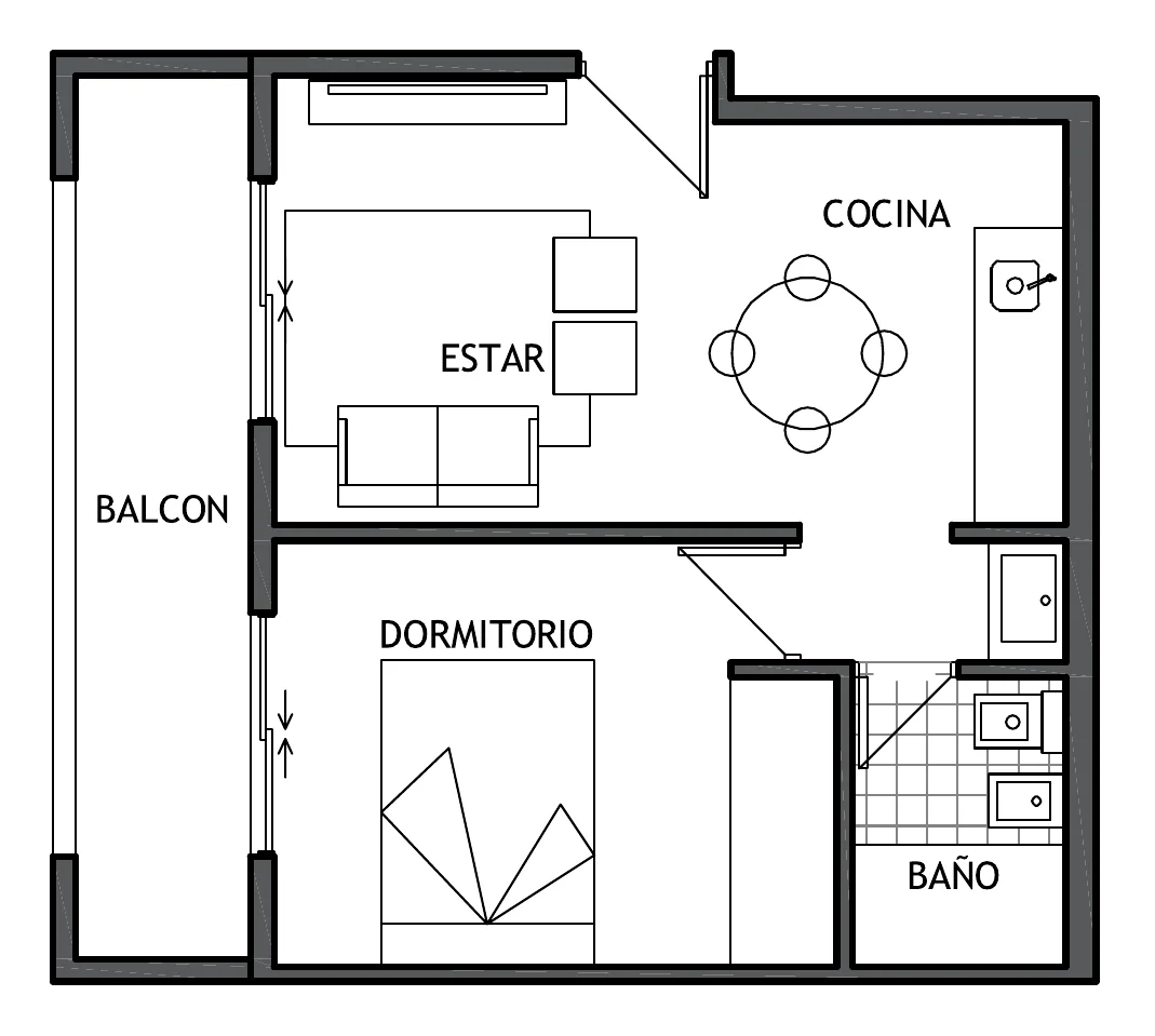 Planta de la unidad D: estar y cocina con mesa redonda, dormitorio y baño, con balcón sobre un costado