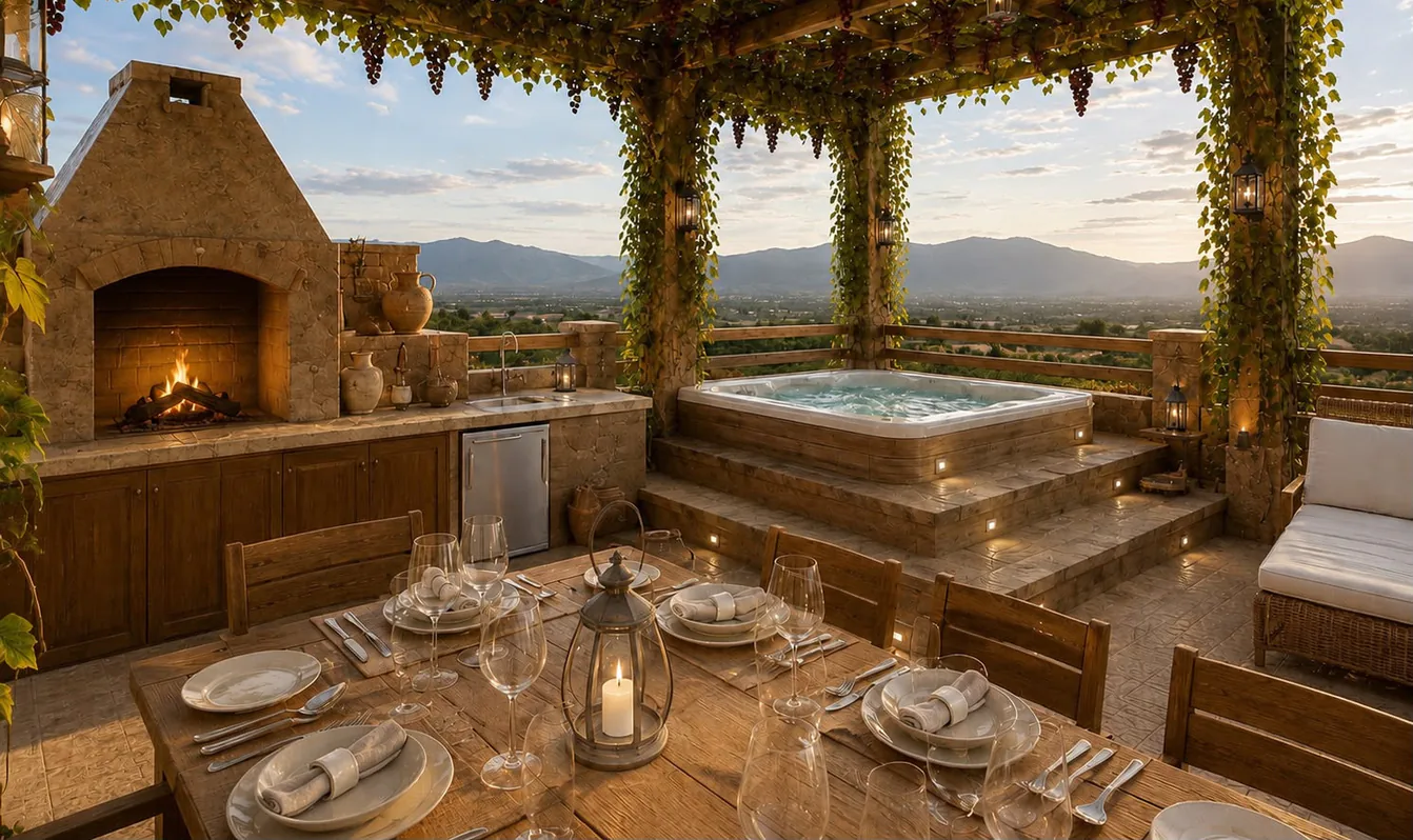 Render de una terraza de planta alta: pérgola de madera cubierta de parras con racimos, hogar-asador de piedra con el fuego encendido, hidromasaje sobre escalones, mesa de madera puesta, sillón de mimbre y, al fondo, un valle verde con cerros.