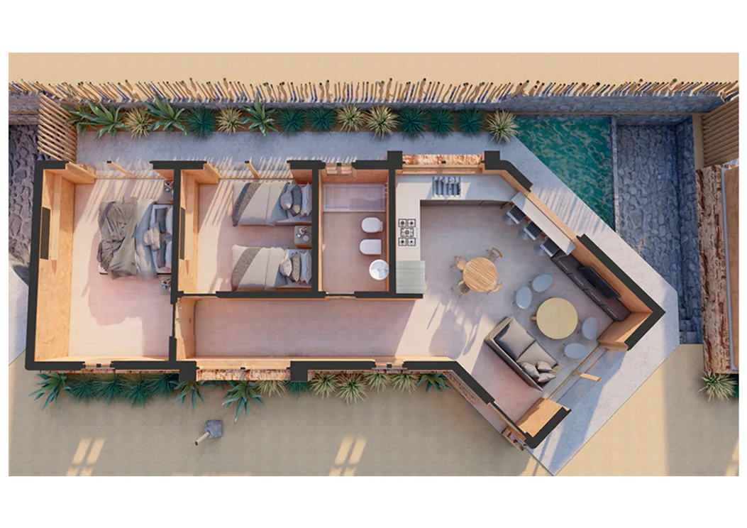 Planta en 3D vista desde arriba de la tipología 1, en planta baja: dormitorio con cama doble, dormitorio con dos camas, baño, cocina en línea integrada al living-comedor con mesa redonda y sillones, y zona privada con pileta.