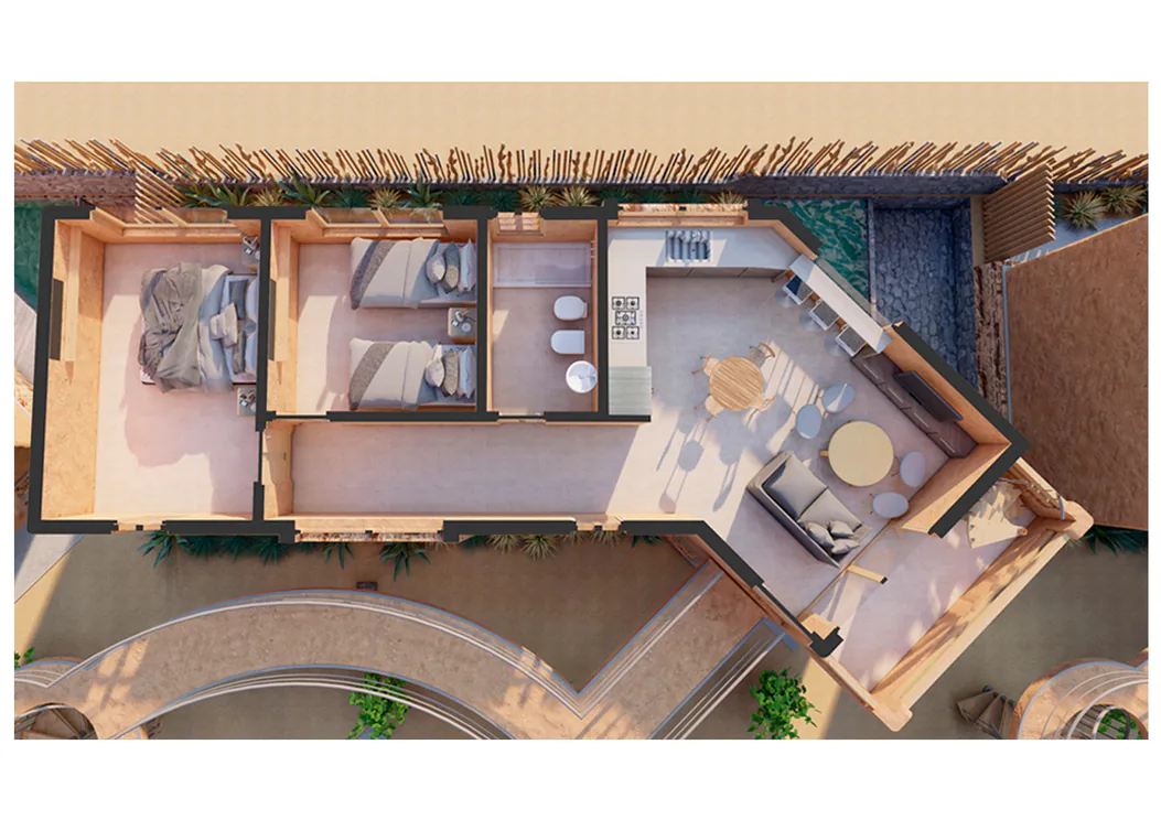 Planta en 3D vista desde arriba de la tipología 2, en planta alta: dos dormitorios, baño, cocina integrada al living-comedor con mesa y sillones, y abajo parte de la pasarela curva del complejo.