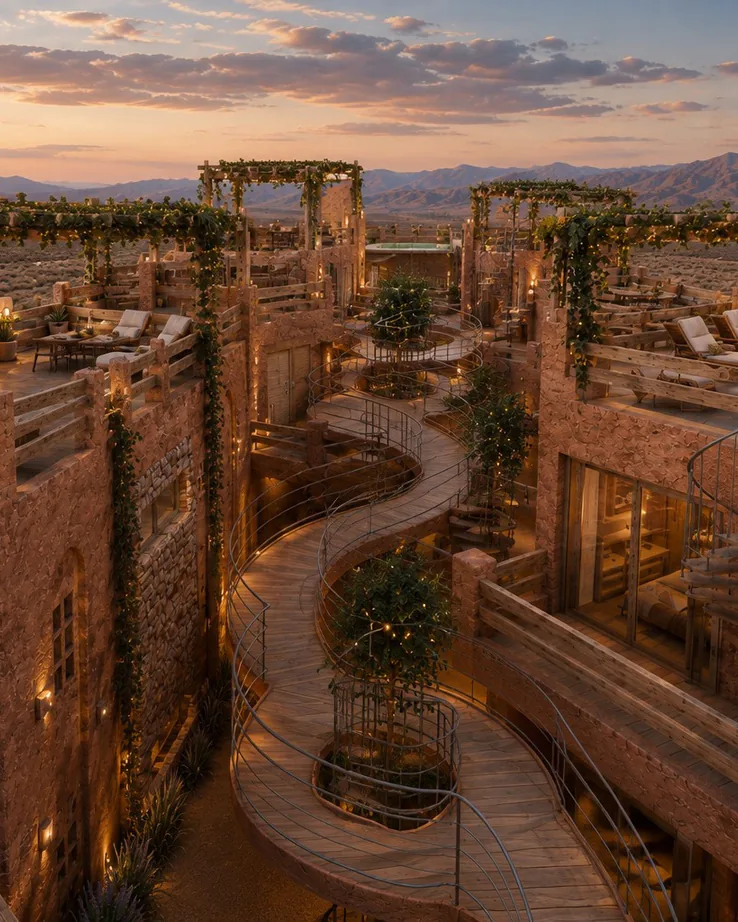 Render al atardecer de los módulos de Raíces vistos desde arriba: pasarela de madera en curva entre dos bloques de piedra, terrazas con pérgolas cubiertas de enredadera, reposeras, escaleras caracol y cerros al fondo.