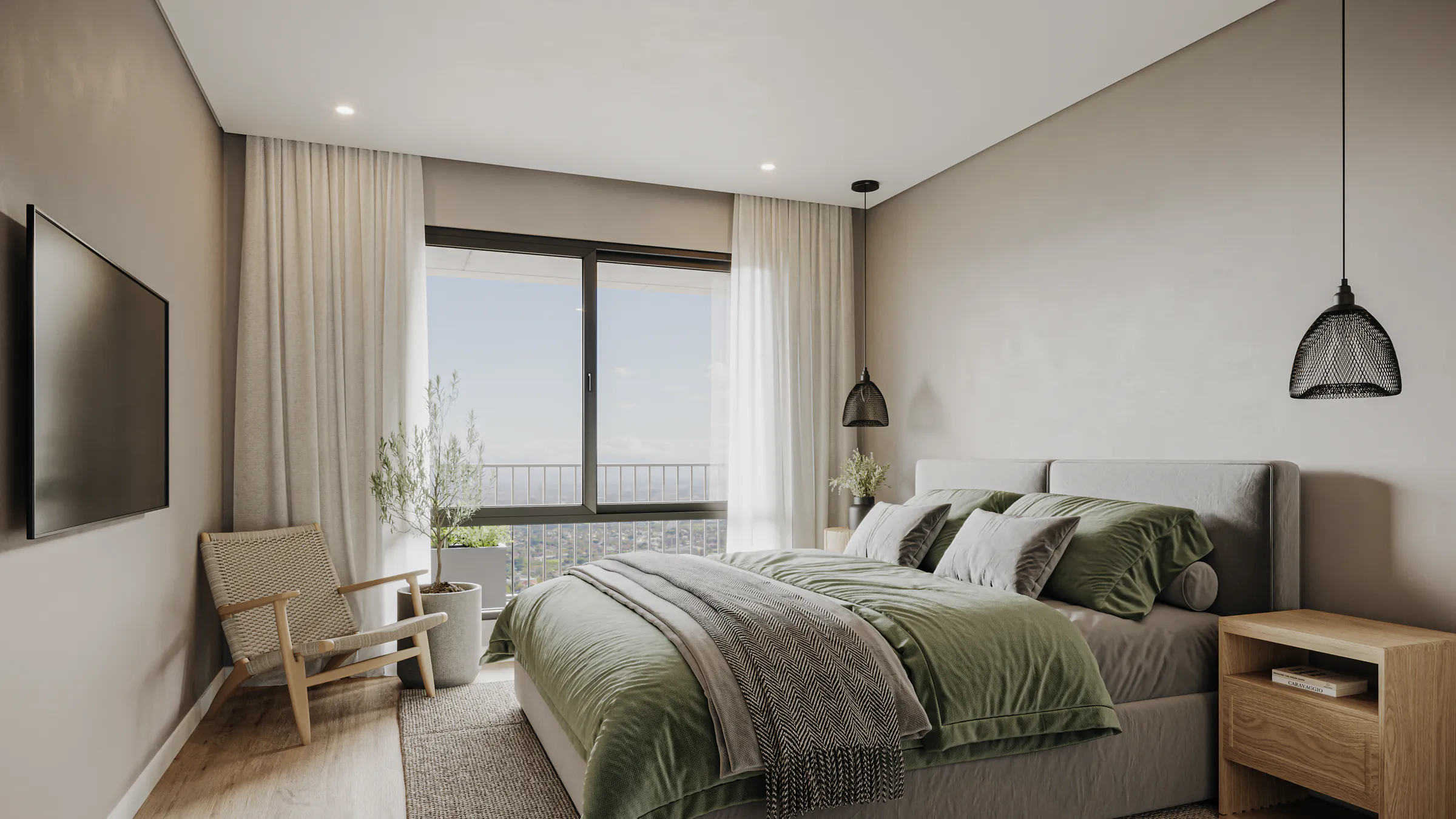 Dormitorio con cama de respaldo tapizado gris y ropa de cama verde, sillón de madera con asiento de cuerda, lámparas colgantes de malla negra, mesa de luz de madera y ventanal corredizo al balcón
