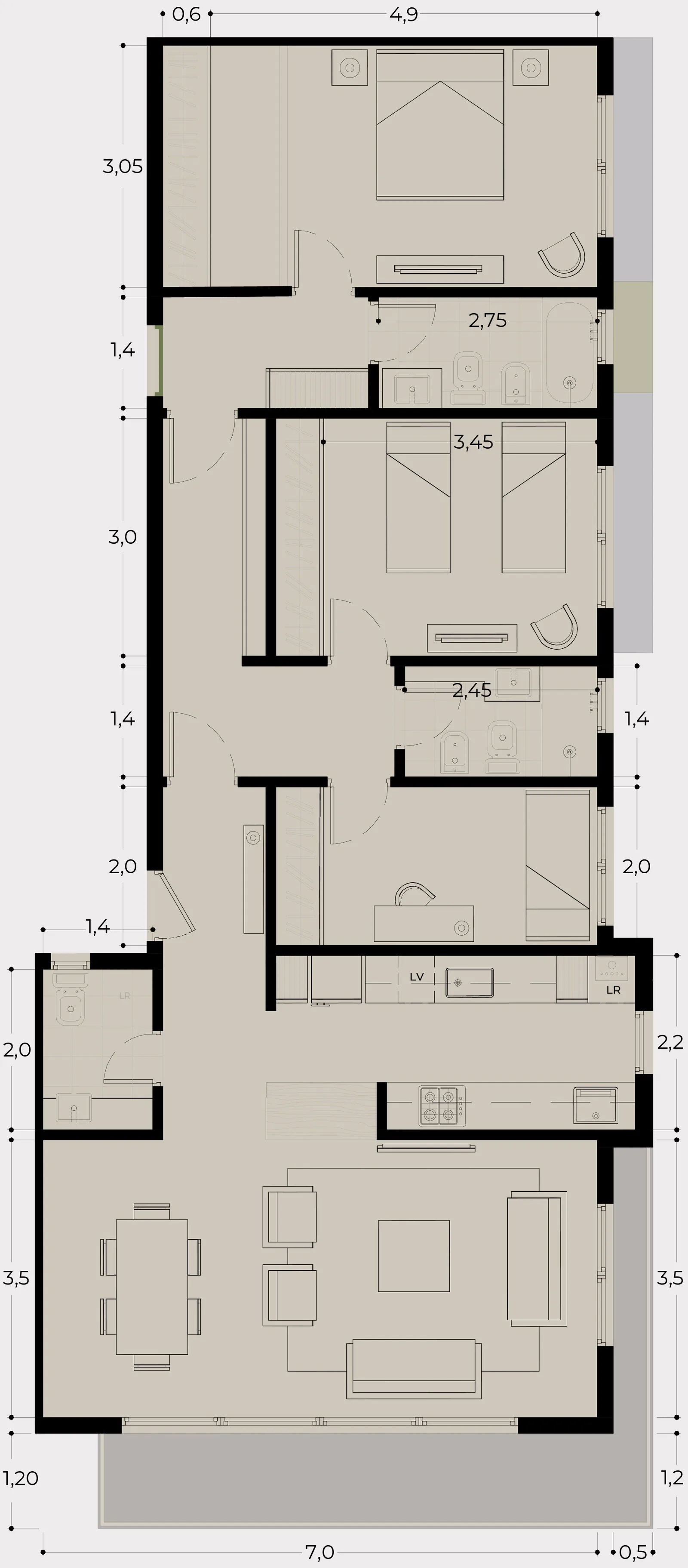Planta de los deptos A y D con sistema lock-off: living-comedor con balcón de 7 m, cocina, lugar para lavarropas, tres dormitorios, dos baños y toilette; el dormitorio del extremo con su baño se puede separar con acceso independiente. Con cotas en metros