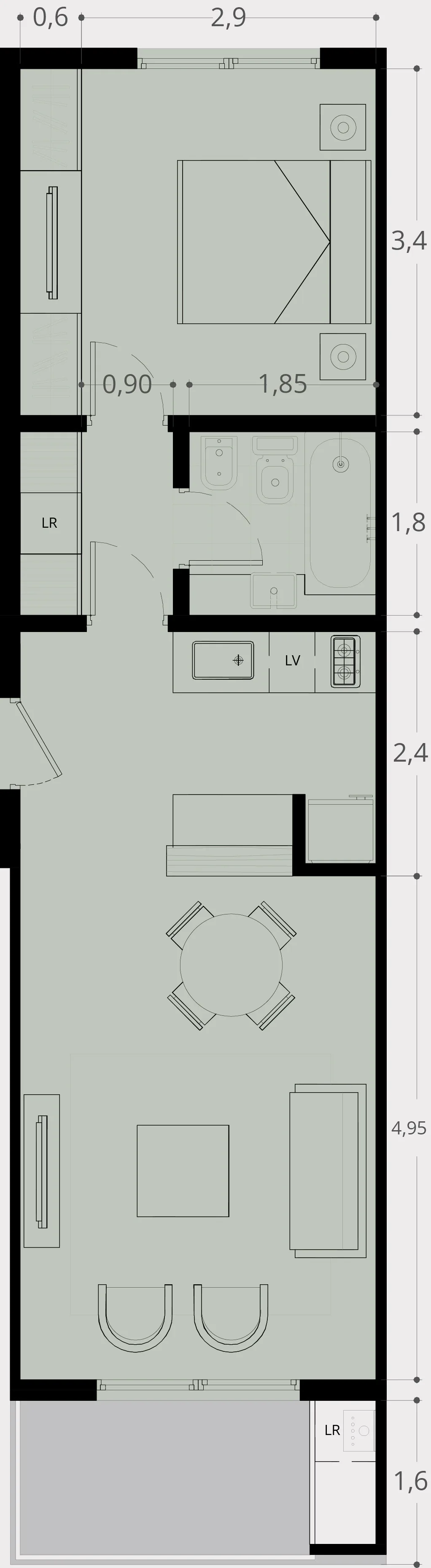Planta alargada de los deptos B, C, H e I: dormitorio al fondo, baño, lugar para lavarropas, cocina en línea, living-comedor y balcón al frente, con cotas en metros