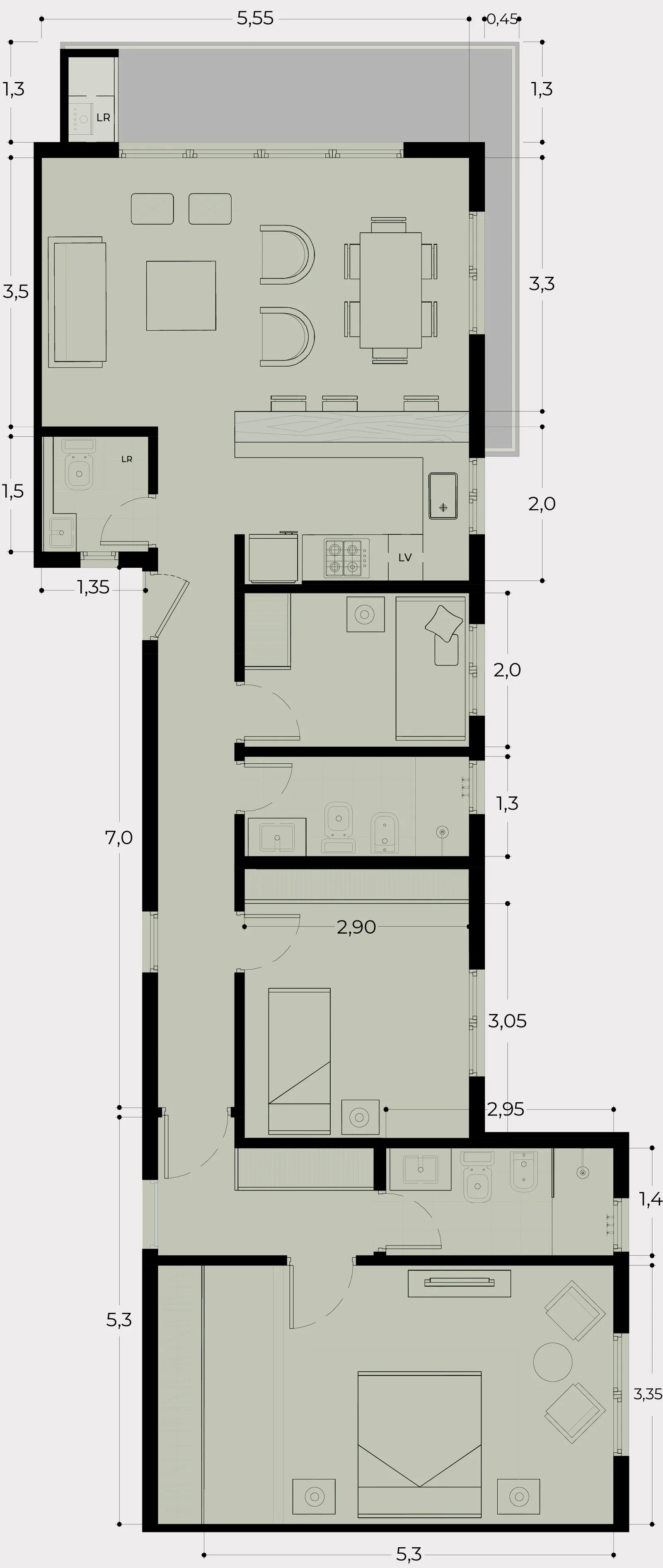 Planta del depto G con sistema lock-off: living-comedor con cocina y balcón, flexroom, dos dormitorios, dos baños y toilette; el dormitorio principal con su baño se puede separar con acceso independiente. Con cotas en metros