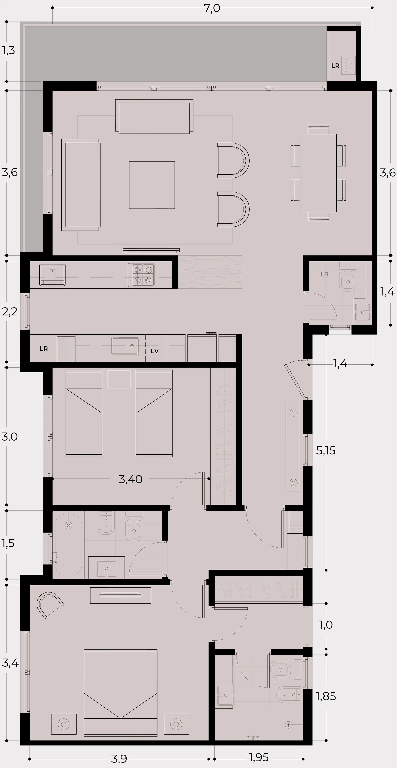 Planta del depto J con sistema lock-off: living-comedor con balcón de 7 m, cocina, lugar para lavarropas, dos dormitorios, dos baños y toilette; el dormitorio del extremo con su baño puede funcionar como unidad independiente. Con cotas en metros
