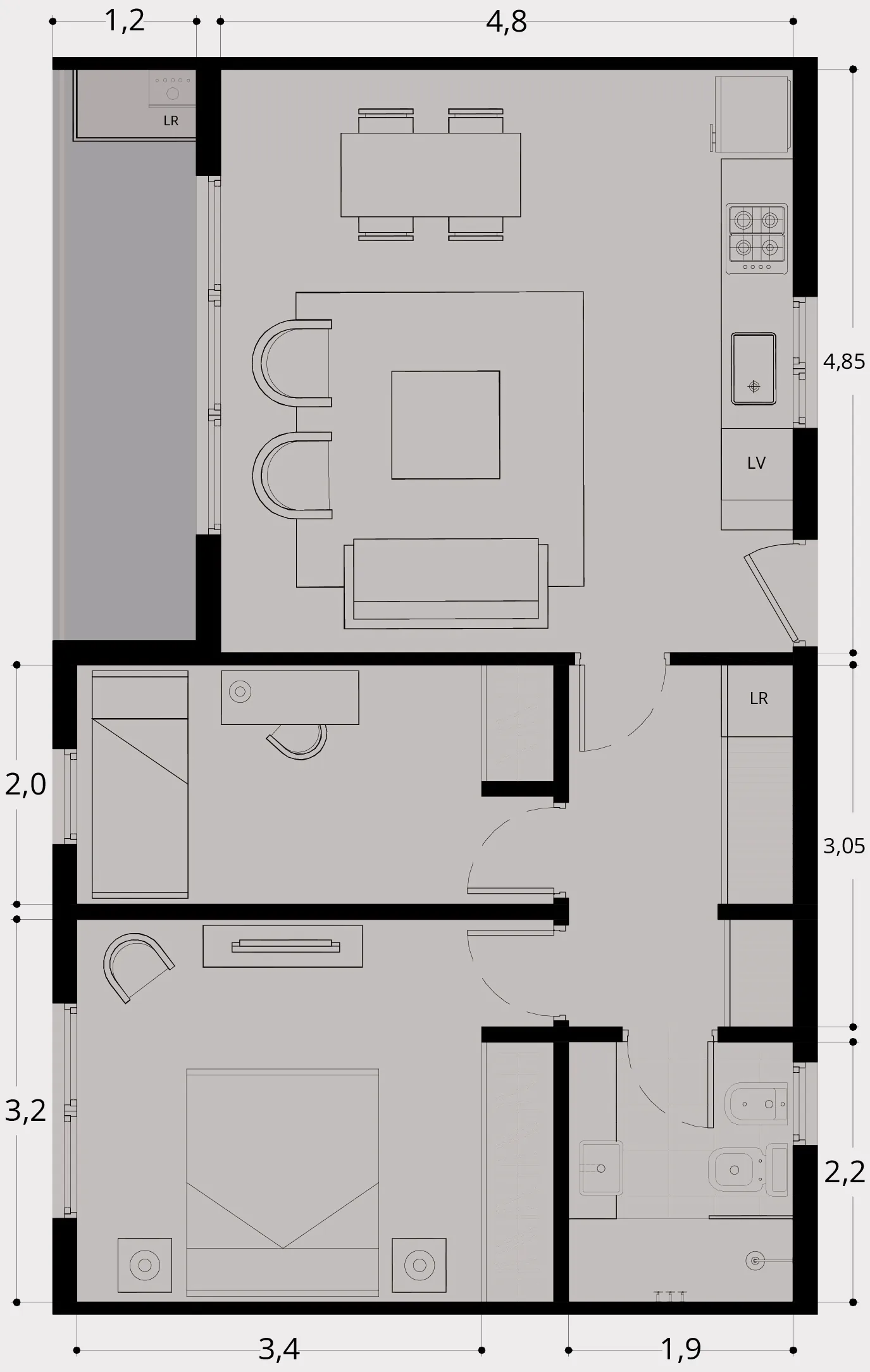 Planta del depto K: living-comedor con cocina en línea y balcón lateral, flexroom, dormitorio con placard, lugar para lavarropas y baño, con cotas en metros