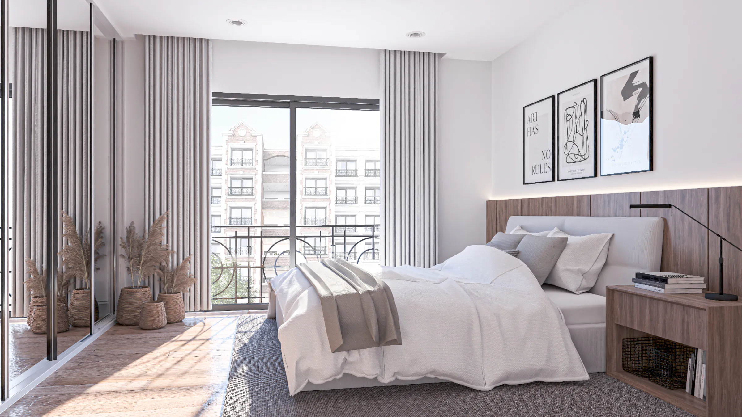 Dormitorio con cama doble, panel de madera en la cabecera, cuadros, cortinas y ventanal con baranda de hierro que mira a otra de las torres