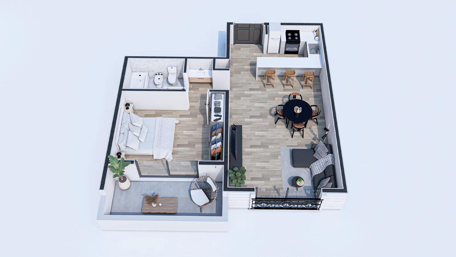 Planta 3D amueblada del departamento de un dormitorio con balcón de la torre Central: dormitorio con placard, baño completo, cocina con barra, comedor con mesa redonda, living y balcón con sillón y plantas