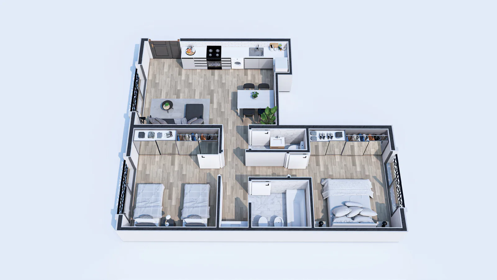 Planta 3D amueblada del departamento de dos dormitorios de la torre Central: dormitorio con cama doble, dormitorio con dos camas, placares, baño completo, toilette y cocina abierta al comedor y al living