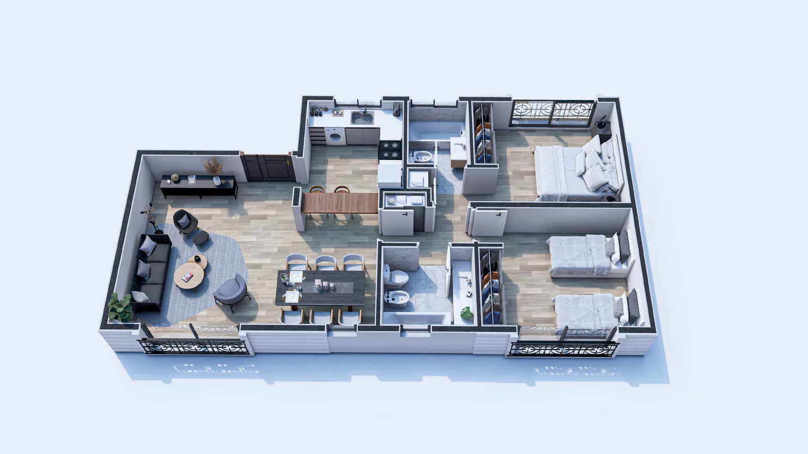 Planta 3D amueblada del departamento de dos dormitorios de la torre Central: dormitorio en suite, dormitorio con dos camas, baño, cocina-lavadero, comedor y living