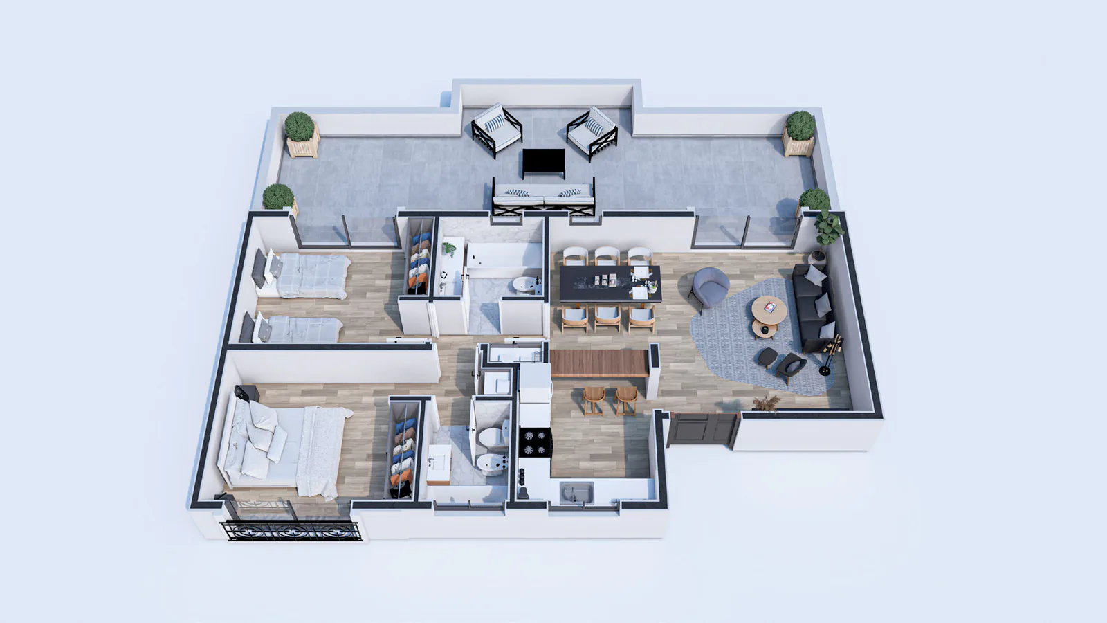 Planta 3D amueblada del departamento de dos dormitorios con balcón de la torre Central: dormitorio en suite, dormitorio con dos camas, baño, cocina-lavadero, living-comedor y balcón con sillones y macetas