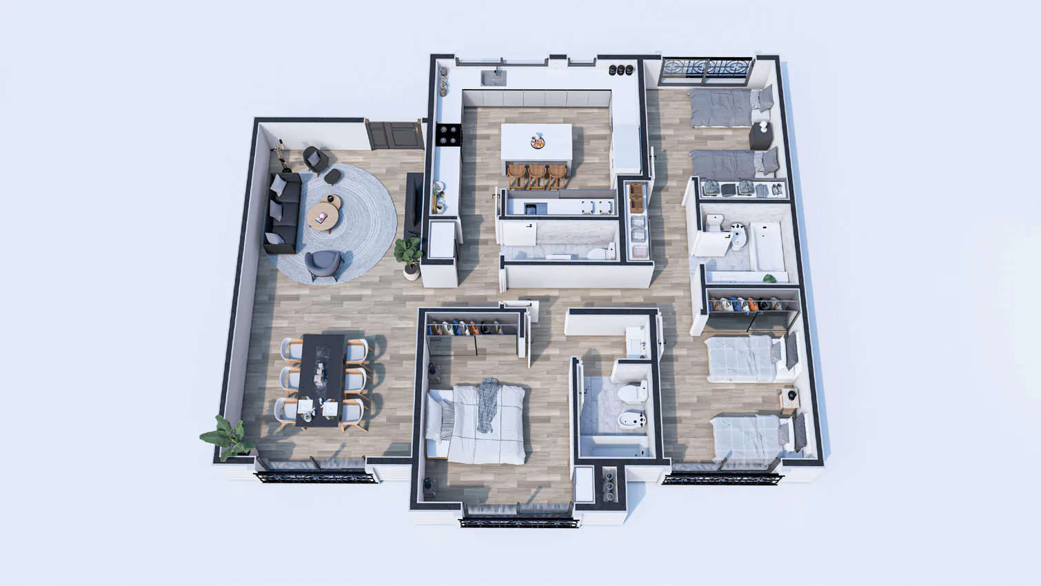Planta 3D amueblada del departamento de tres dormitorios de la torre Central: dormitorio en suite, dos dormitorios con dos camas cada uno, baño, toilette, cocina con isla y living-comedor con mesa para seis